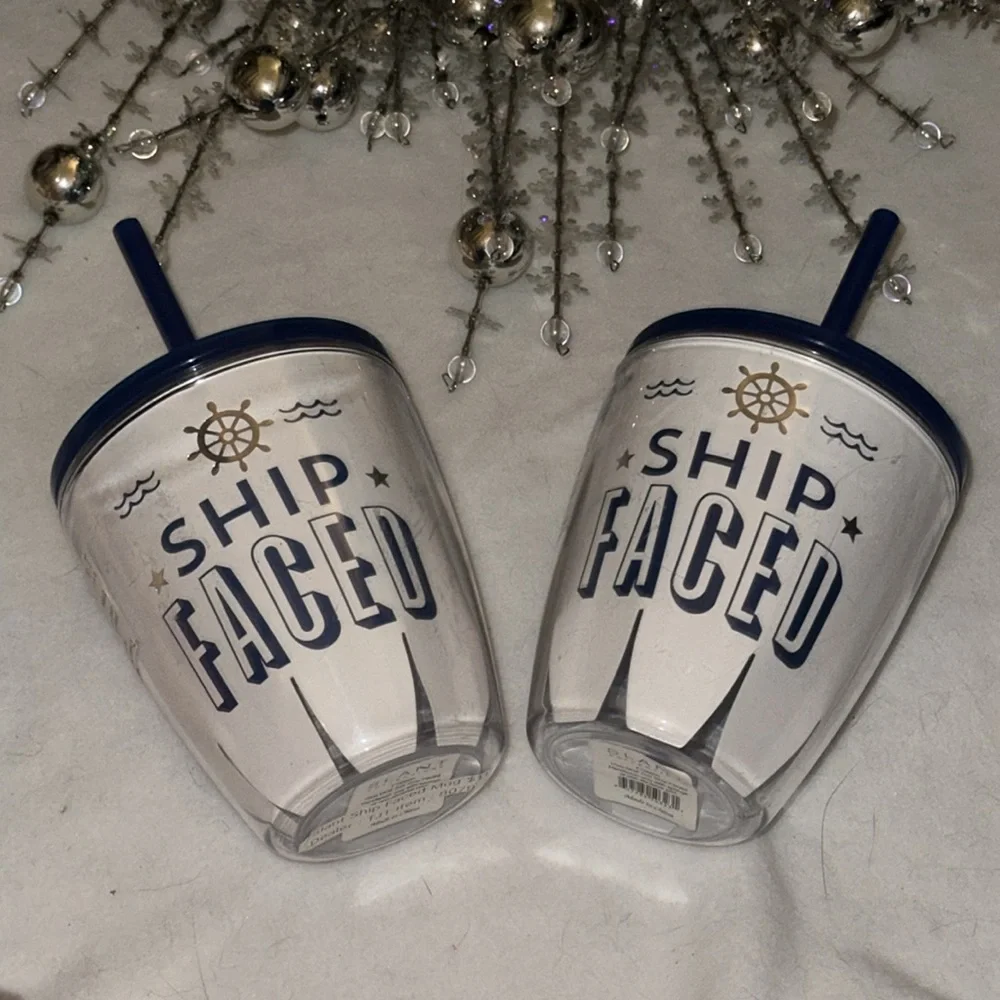 Ship Faced Tumbler Set with Navy Blue Lid and Straw Nautical Boating Theme 2